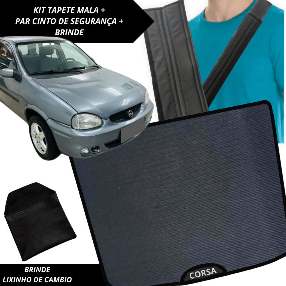 Tapete Emborrachado Porta Malas Corsa Hatch 1995 a 2002 + 2 Capas Cinto Segurança Acessório Carro