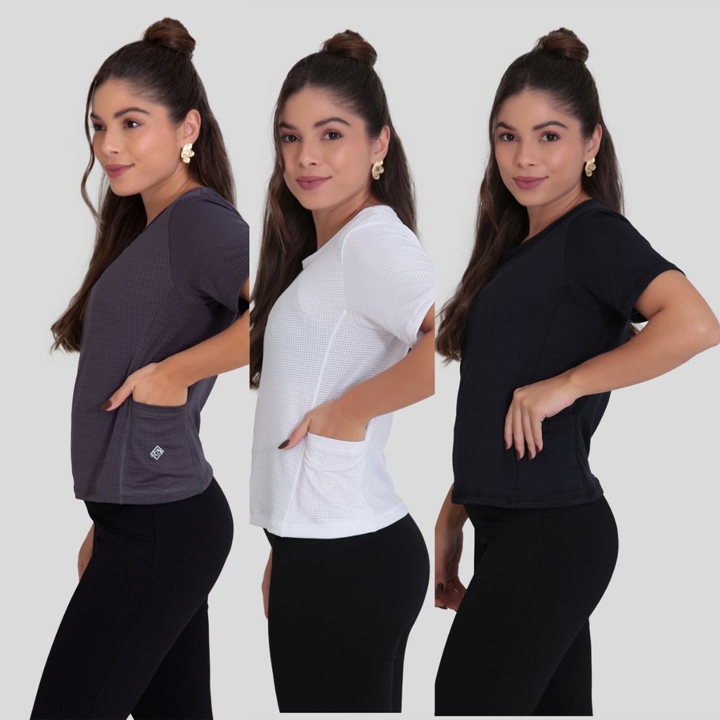 Kit 3 Camisetas Academia Feminina Com Bolso Uv50+ Poliamida Rocca - Sports & Outdoors