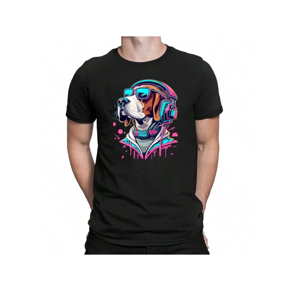 Camiseta Masculina Estampada Preto Modelo: "Cachorro fone colorido" | Streetwear Confortável Casual