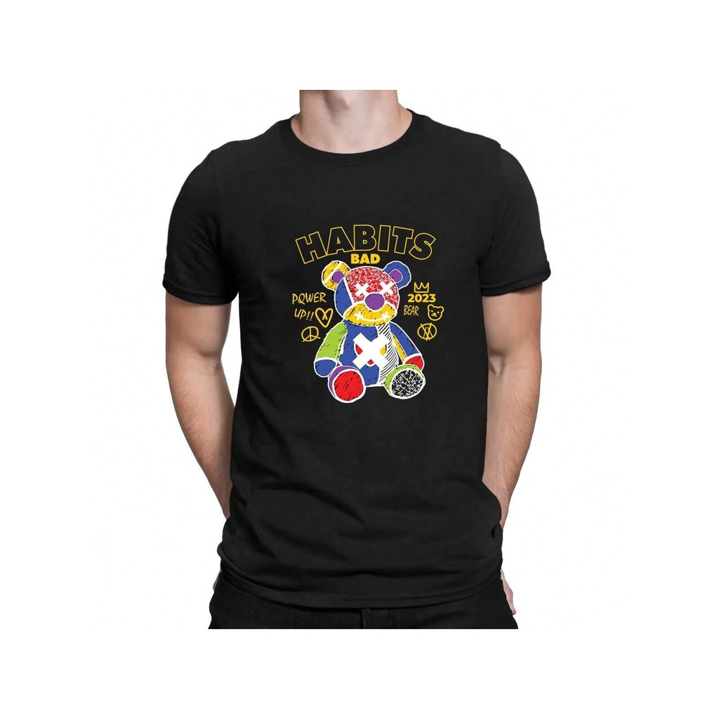 Camiseta Masculina Estampada Preto Modelo: "Urso Colorido" | Streetwear Confortável Casual