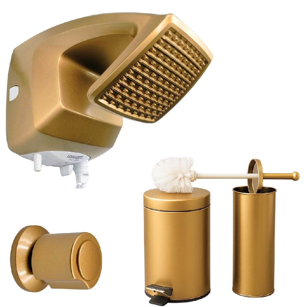 Kit Banheiro Dourado - Chuveiro Lorenzetti 220V + Lixeira 3L + Escova Sanitária e Acabamento Registro