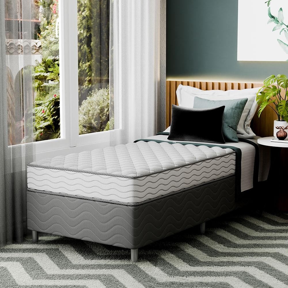Cama Box com Colchão Solteirão Howie Espuma D33 (17x96x203) Branco e Cinza - Home & Living