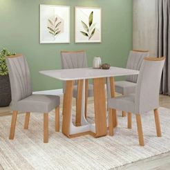 Conjunto Sala de Jantar Mesa Easy Pop 120x80cm Tampo Vidro/MDF com 4 Cadeiras Confort Veludo Capuccino Amendoa/off White