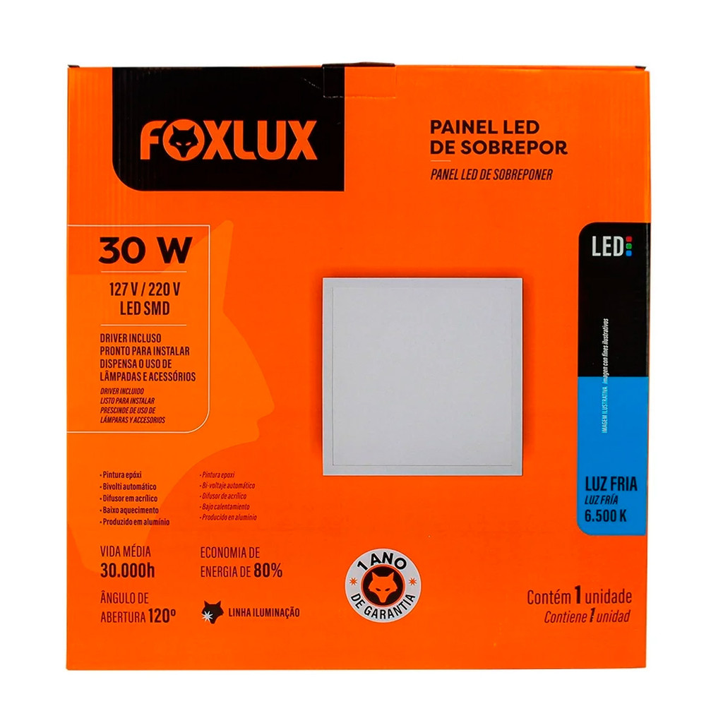 Painel LED 40x40 Quadrado Branco Sobrepor 30W 6500K Foxlux - Home & Living