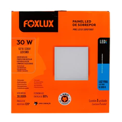 Painel Plafon LED Foxlux Quadrado Sobrepor 30W 6500K Branco Frio Bivolt Iluminação Residencial Comercial