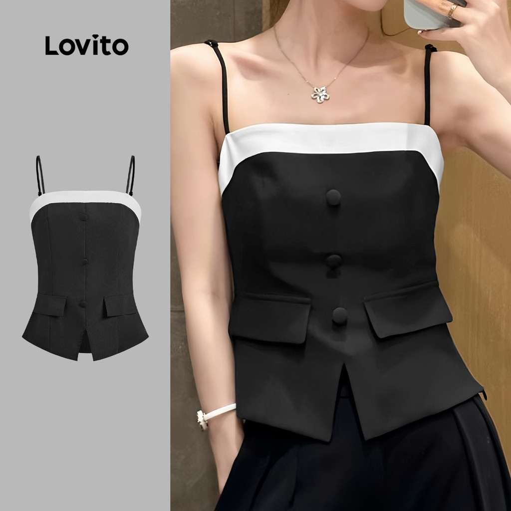 Lovito Regata Elegante Patchwork Colorblock Com Botão Para Mulheres L132ED241 - Women Clothes