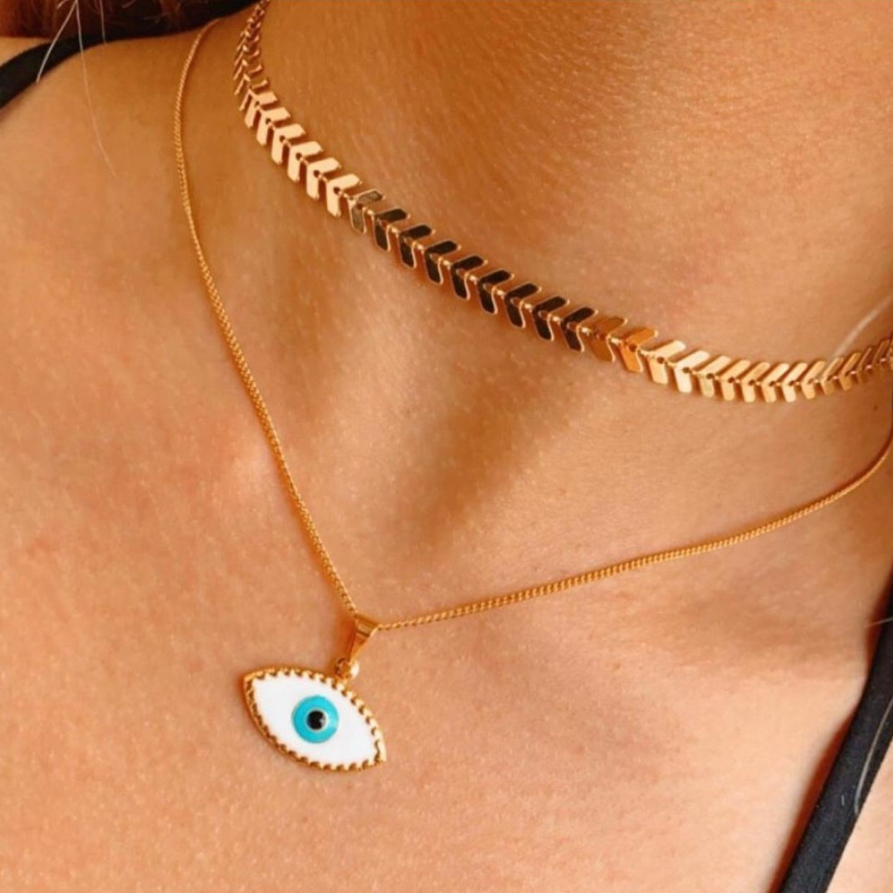 Gargantilha choker escama de peixe seta feminina folheada a ouro 18k+Cordão colar veneziano olho grego proteção
