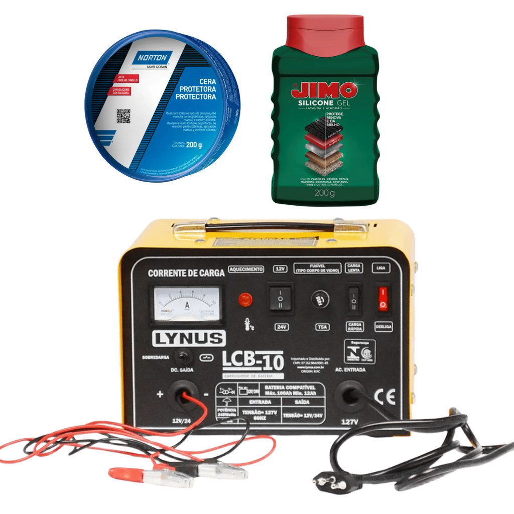 Carregador de Bateria de Moto Carro e Caminhão 12v e 24v de 12 a 100 Amperes + Cera + Silicone para Carro