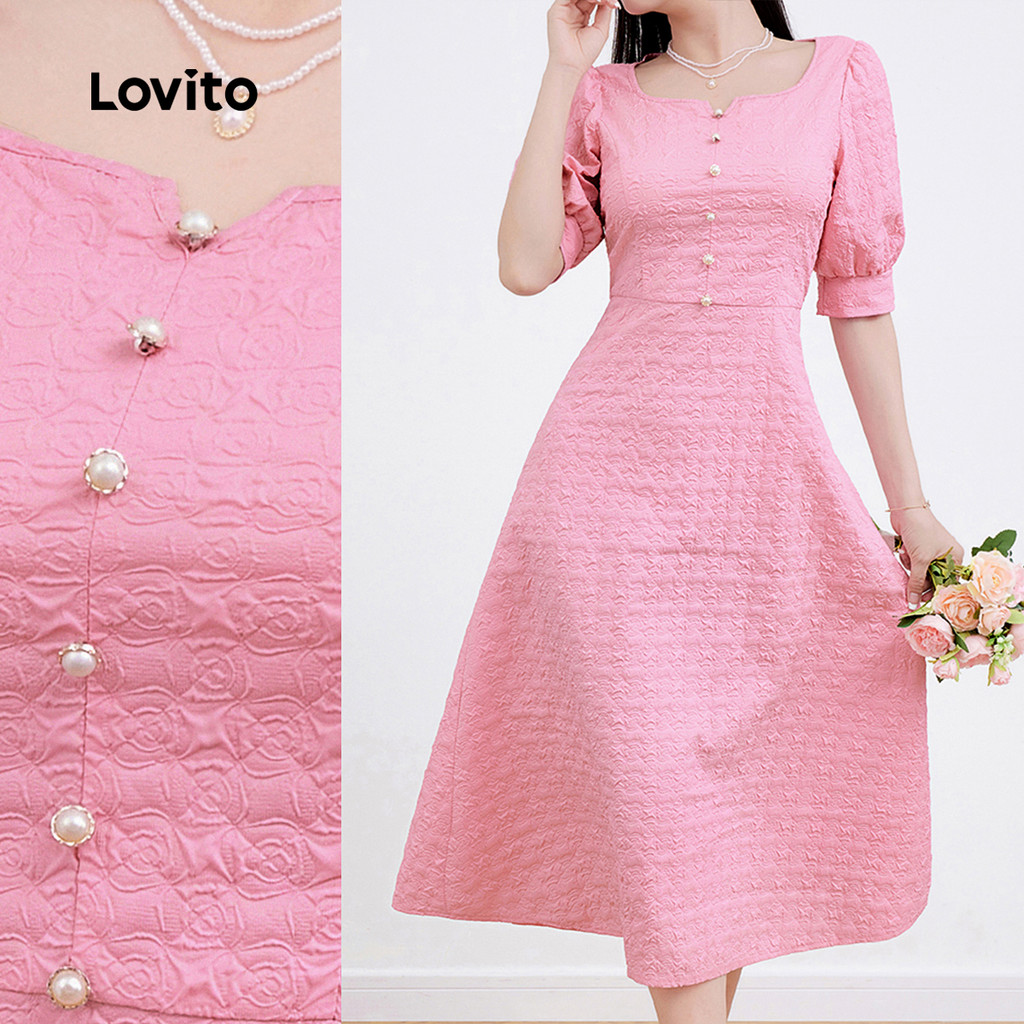 Lovito Elegante Botão Liso Commute Estrutura Linha Primavera/Verão Vestido Rosa Vermelho Para Mulheres L135A2D468 - Women Clothes