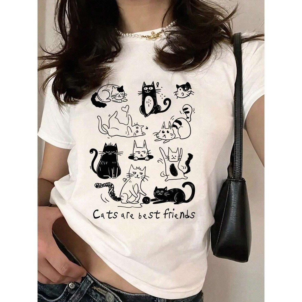 Camisa Feminina Casual Branca Com Gola Redonda E Gato Listrado Preto Branco'gatos Estão Fechados Estampa De Amigos Para 