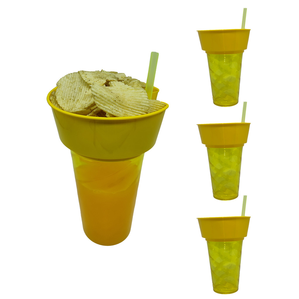 04 Copos Acrílico 700ml Com Porta Petisco 500ml Com Canudo Copo porta Snack Premium
