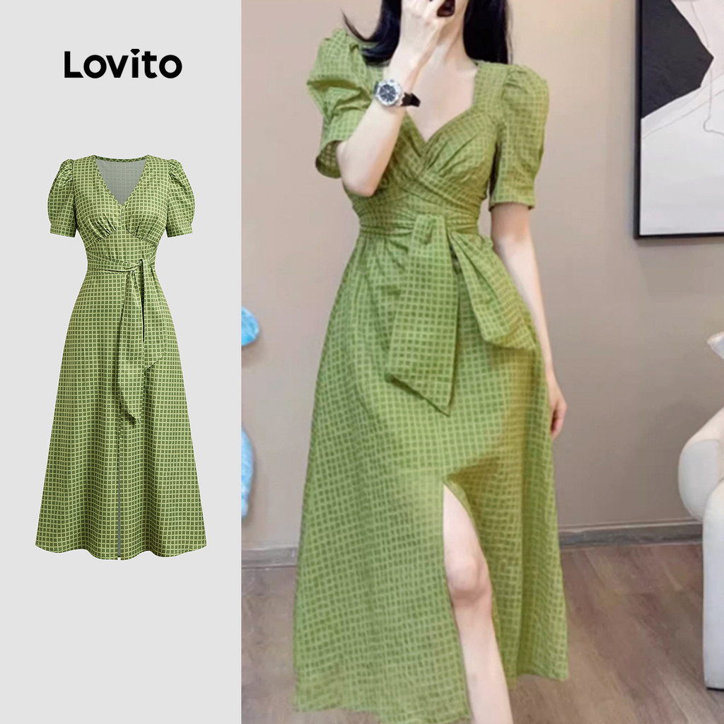 Lovito Vestido Casual Com Cadarço Frontal Dividido Primavera/Verão Vestido Verde Para Mulheres L134ED558 - Women Clothes
