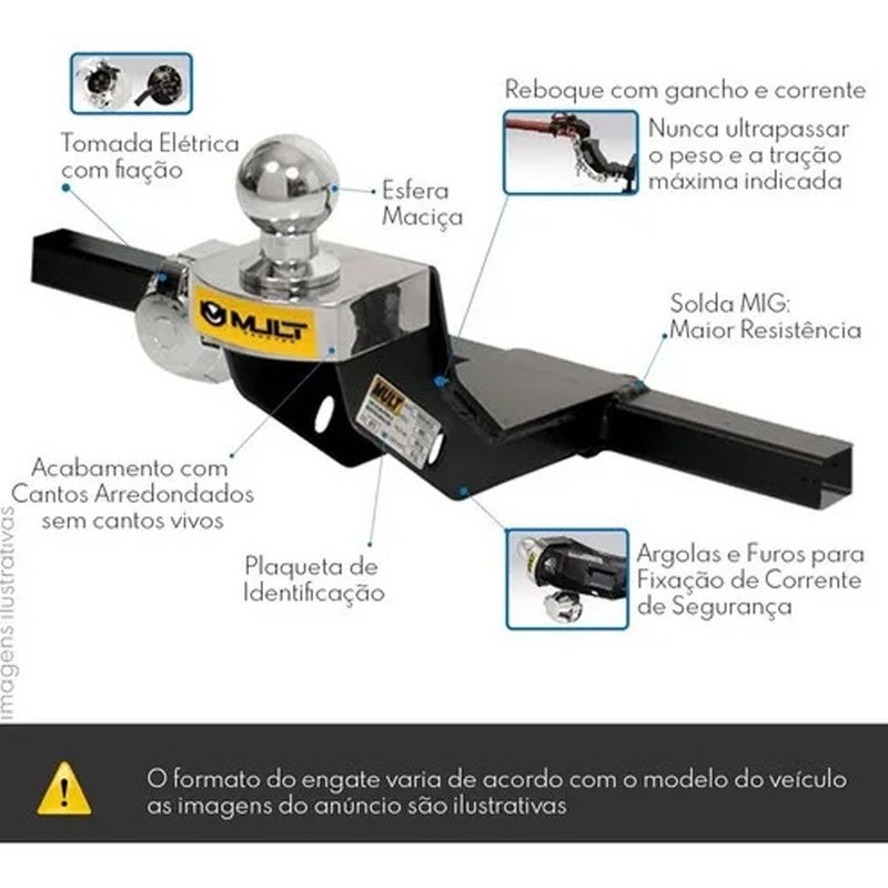 Detalhes do Reboque Fixo Mult Engates para Hyundai Hb20 Hatch 2013 Até 2019 com Bola 50mm Tomada Elétrica Capa Protetora