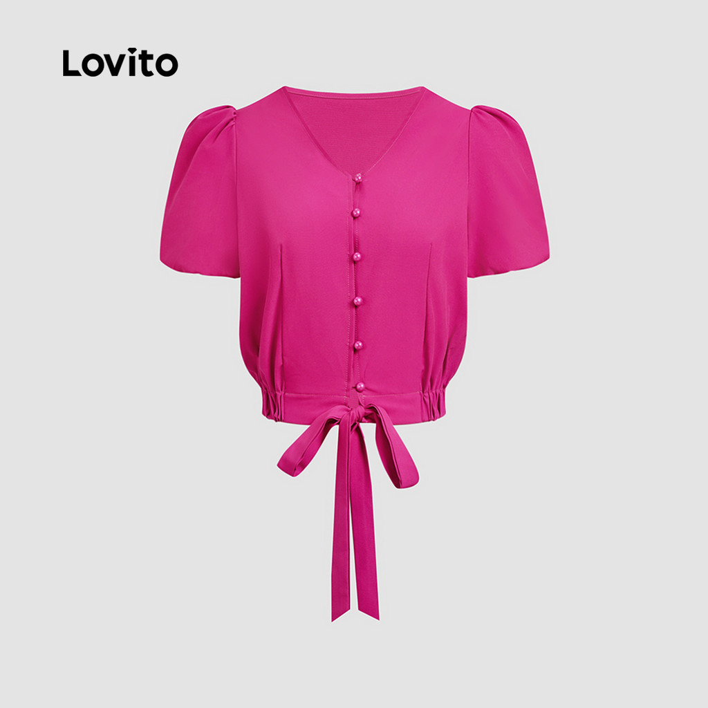 Detalhes do (Trendy) Lovito Blusa Elegante Com Botão Frontal Primavera/Verão Blusa Vermelha Rosa Para Mulheres L135ED528