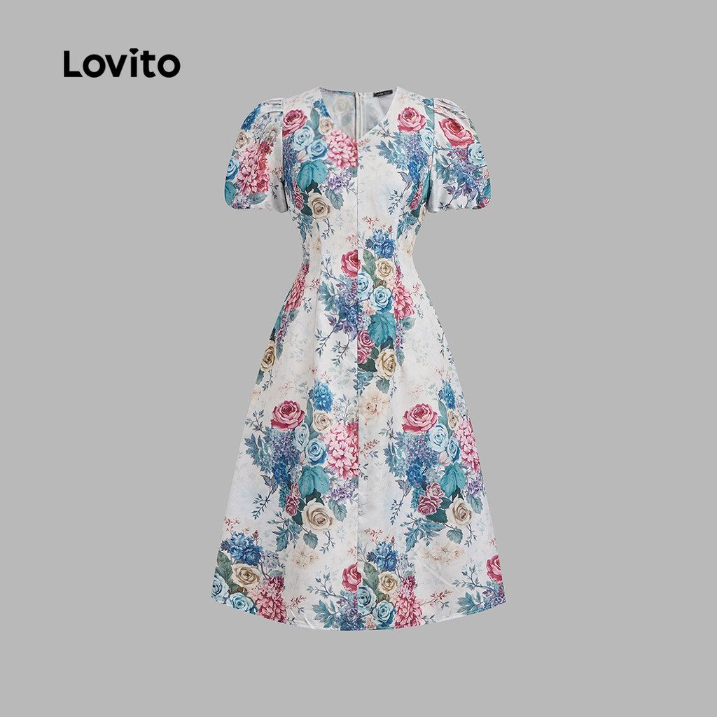 Detalhes do (Trendy) Lovito Vestido Vintage Estampado Plissado Primavera/Verão Vestido Multicolorido Para Mulheres L135ED365