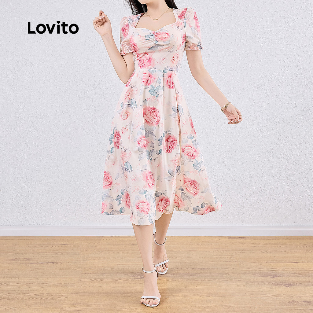 Lovito Vestido Romântico Floral Franzido Para Mulheres L133ED1123 - Women Clothes