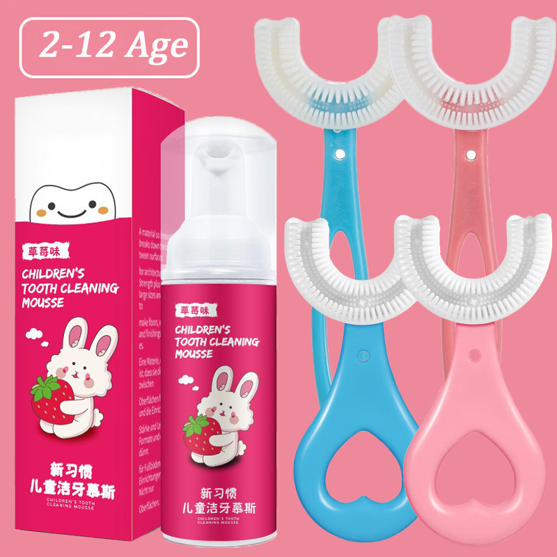 Conjunto De Pasta De Dente Para Escova De Dentes Em Forma De U De Silicone Crianças De 2 A 12 Anos 360 ° Macia De Espuma