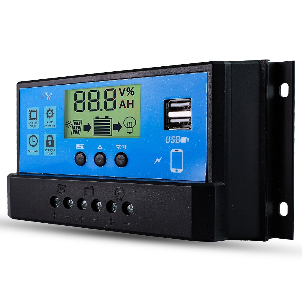 Controlador De Carga Energia Solar Display LCD Tecnologia PWM 50A 12/24V Automático 2 Portas Usb