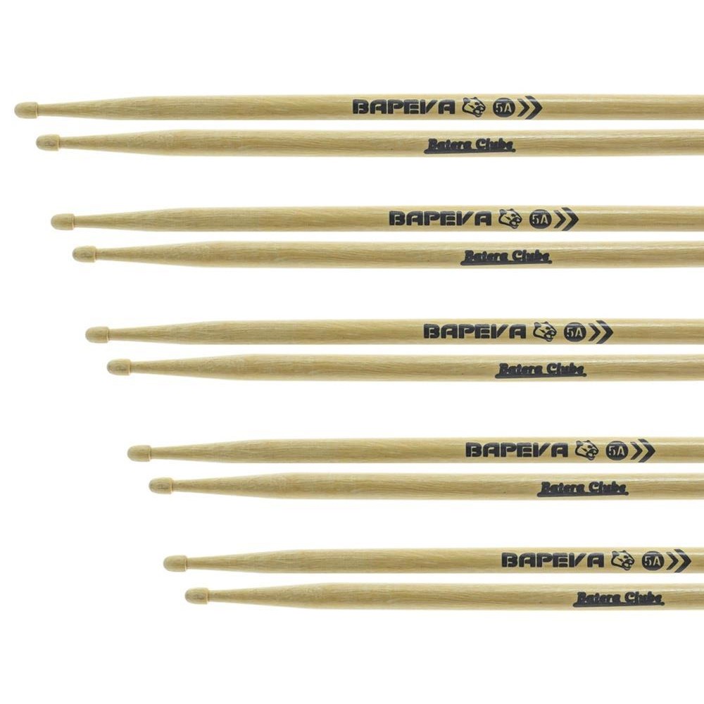 Kit de Baquetas 5A Batera Clube Kit com 5 Pares em Bapeva Padrão 5A excelente durabilidade e densida