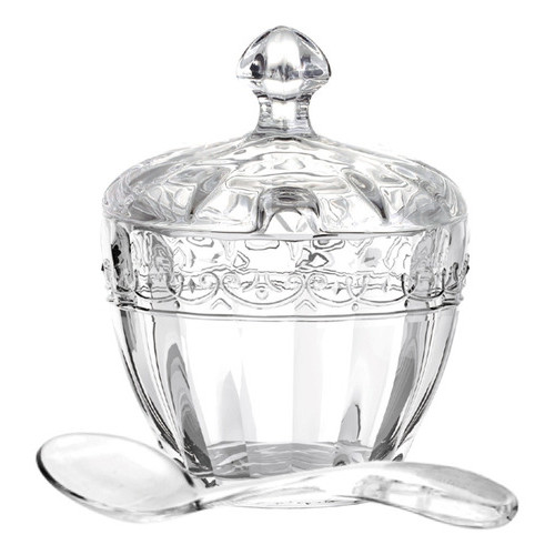Açucareiro De Vidro Cristal Com Tampa E Colher Pote Açucar