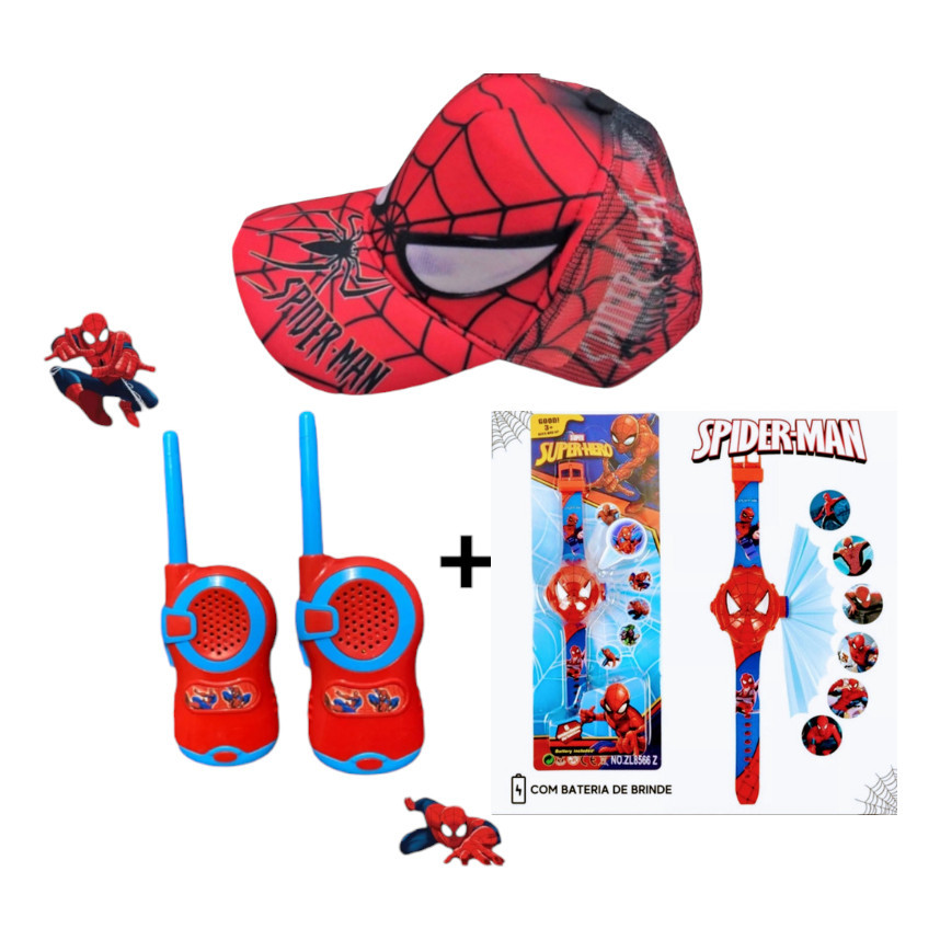 Kit Boné + Walkie Talkie + Relógio Homem Aranha Brinquedo 