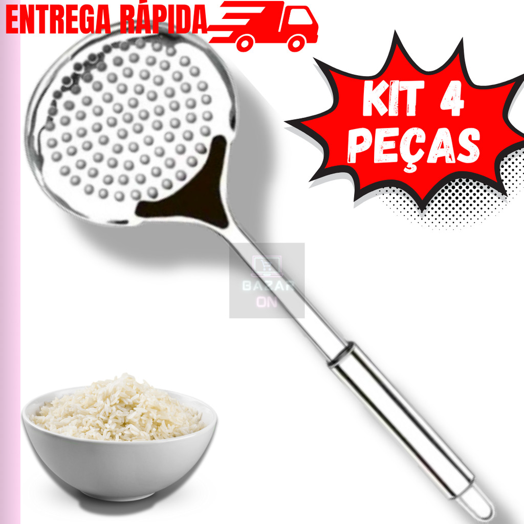 Kit 4 Escumadeira de Arroz em Aço Inox Para Fritura 32cm Cabo Ergométrico Utensílios de Cozinha