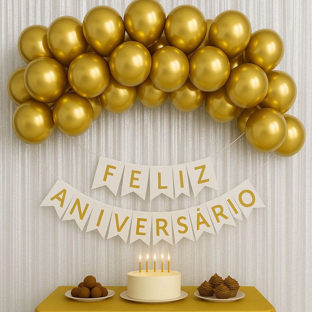 Kit Feliz Aniversário Decoração Com Balão Metalizado Faixa Cortina e Fita 5m em Oferta na Shopee