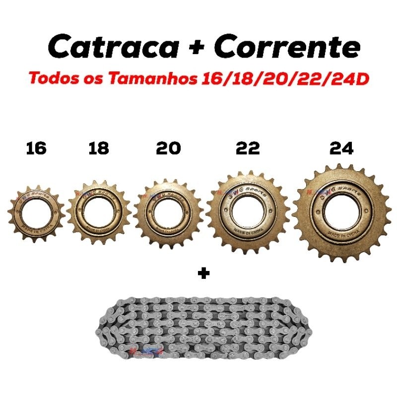 Catraca de Bicicleta Roda Livre 16/18/20/22/24 Dentes Pinhão Esferada Dourada + Corrente Grossa Tec em Oferta na Shopee