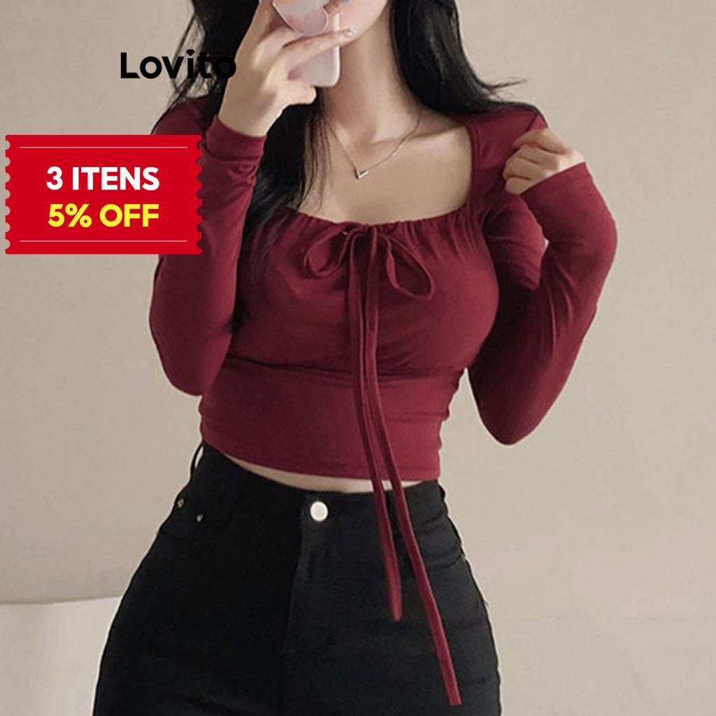 (Trendy) Lovito Camiseta Casual Com Gravata Lisa Frontal Franzida Plissada Para Mulheres L106AD941 em Oferta na Shopee
