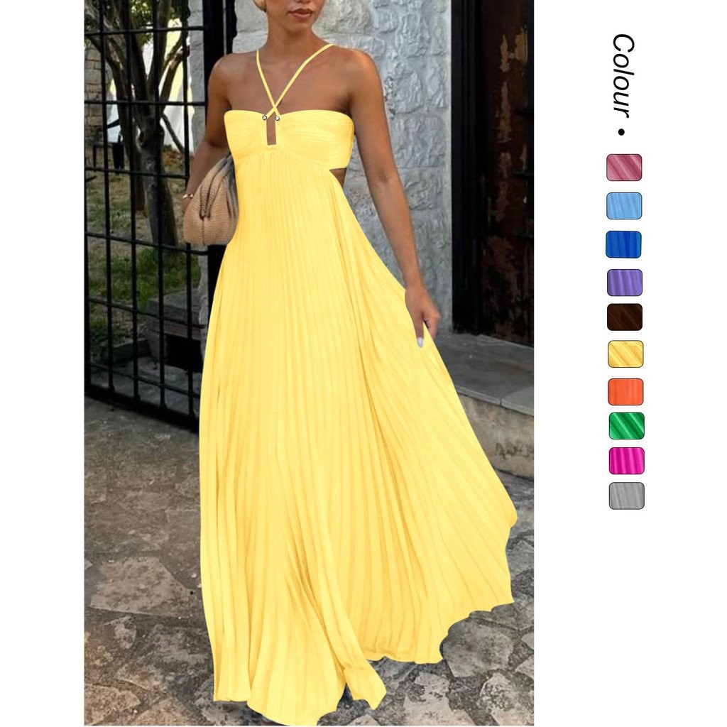 ❤   Vestido ❤   Em Estoque 2025 Verão Novo Vestido de Alças Sem Mangas Plissado em Estilo Europeu e Americano - 68629