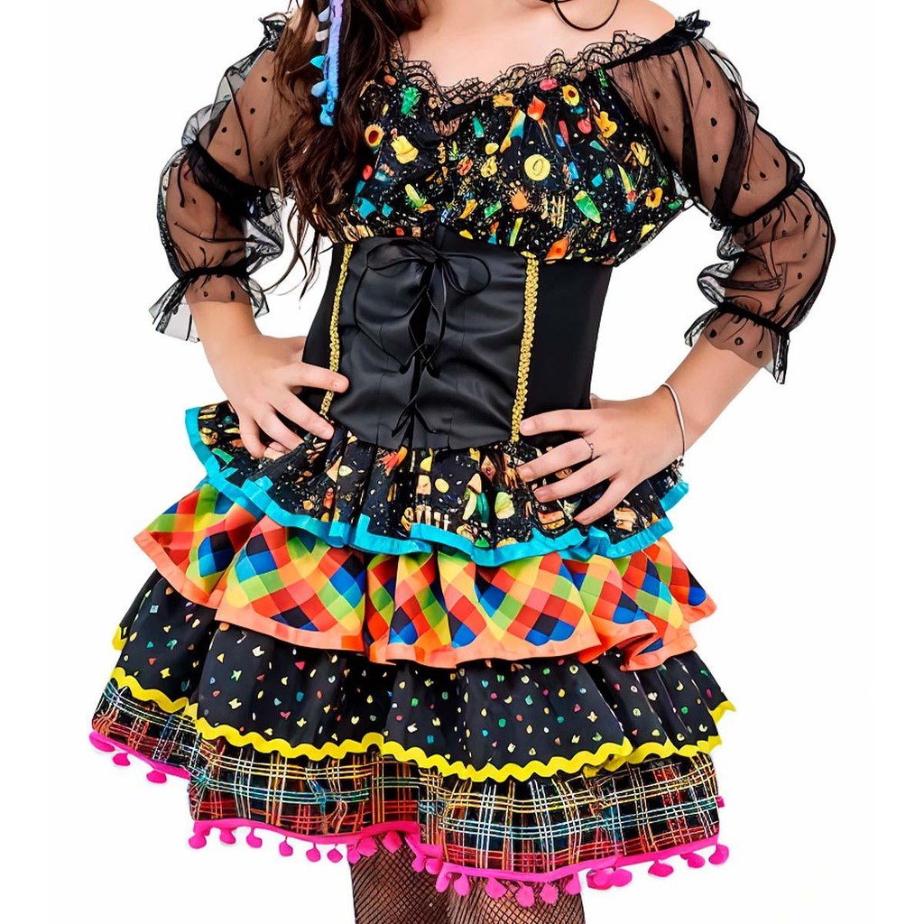 Vestido Caipira Infantil pra Menina de Festa Junina Super Rodado Saia Armada Corselet e Manga 3/4 em Oferta na Shopee