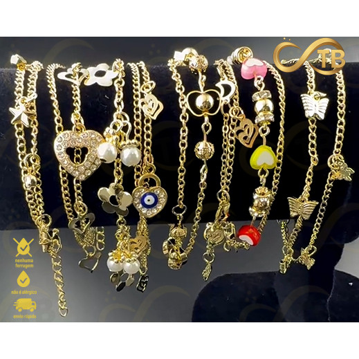 TB Moda Kit 8 Pulseiras Femininas Folheadas Banhadas À Prata ou dourado Delicada Pingente Semijoias