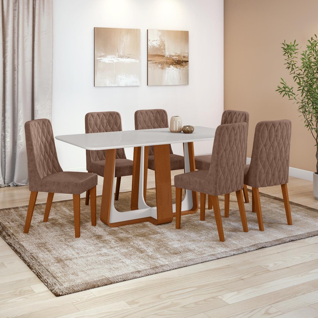 Conjunto Sala de Jantar Mesa Easy Pop 170x90cm Tampo Vidro/MDF com 6 Cadeiras Seat Couro Morano Avelã Frassino/Off White em Oferta na Shopee