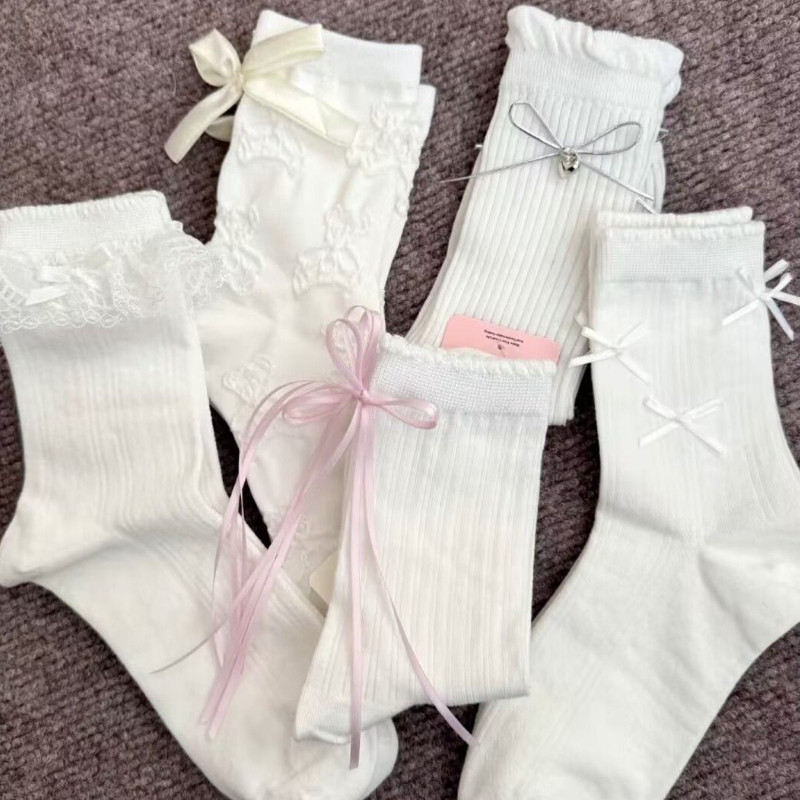 Meias Brancas Femininas Verão Fino Respirável Algodão Jk Lolita Ballet Estilo Renda Menina Arco Meados Tubo em Oferta na Shopee