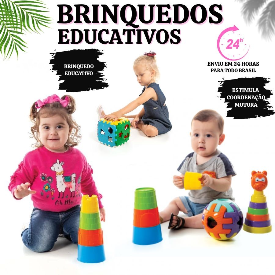 Kit Brinquedos Cubo Didático com Peças para Encaixar Educativos Girafa+ Torre + Bola Didatica