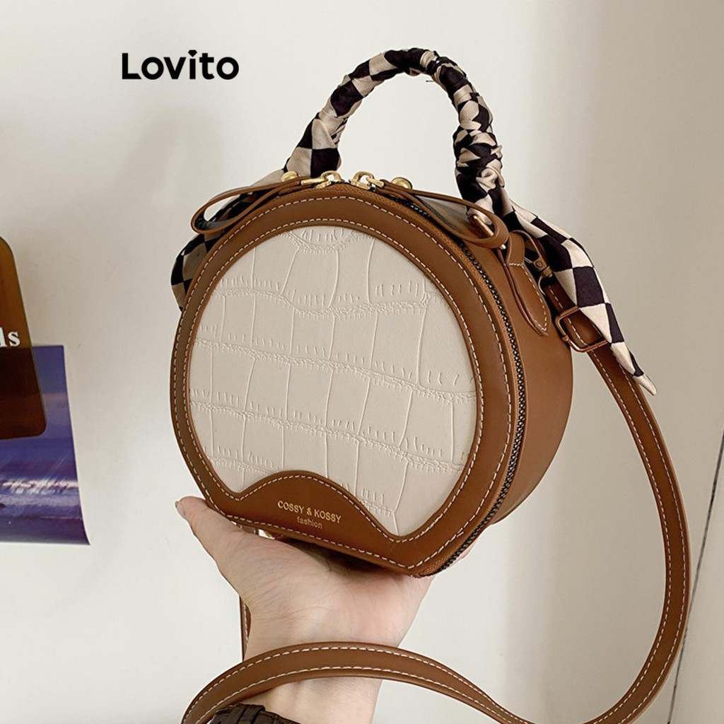Lovito Elegante Cor Bloco Redondo Saco Alças Duplas Zíper Moda Combinando Pequena Bolsa De Ombro Para Mulher LFA63051 - Women Bags