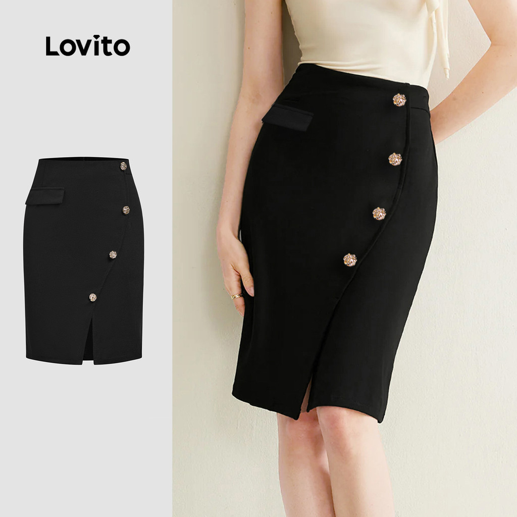 Lovito Saias Elegantes Assimétricas Com Botões Primavera/Verão Saias Pretas Para Mulheres L135ED060 - Women Clothes