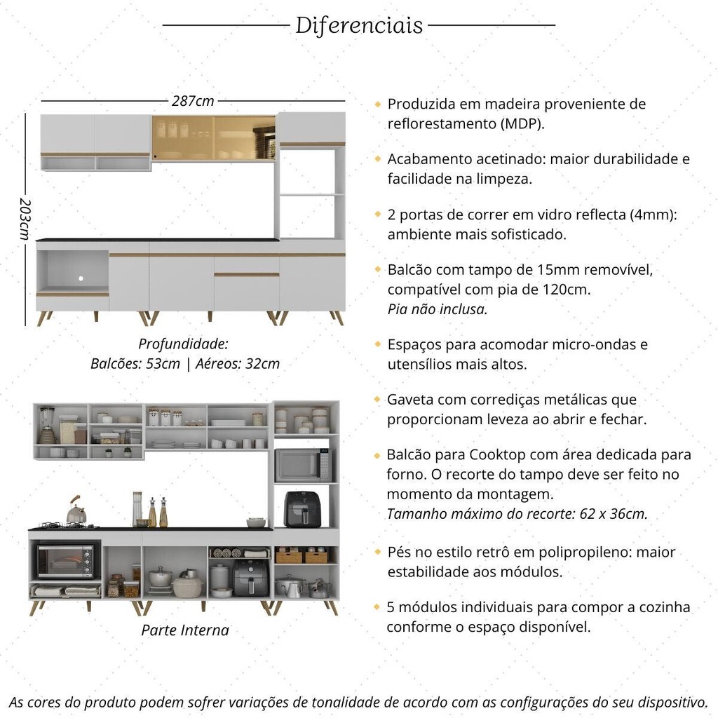 Cozinha Modulada Completa Compacta 287cm com Balcão para Cooktop Veneza Multimóveis MP2269
