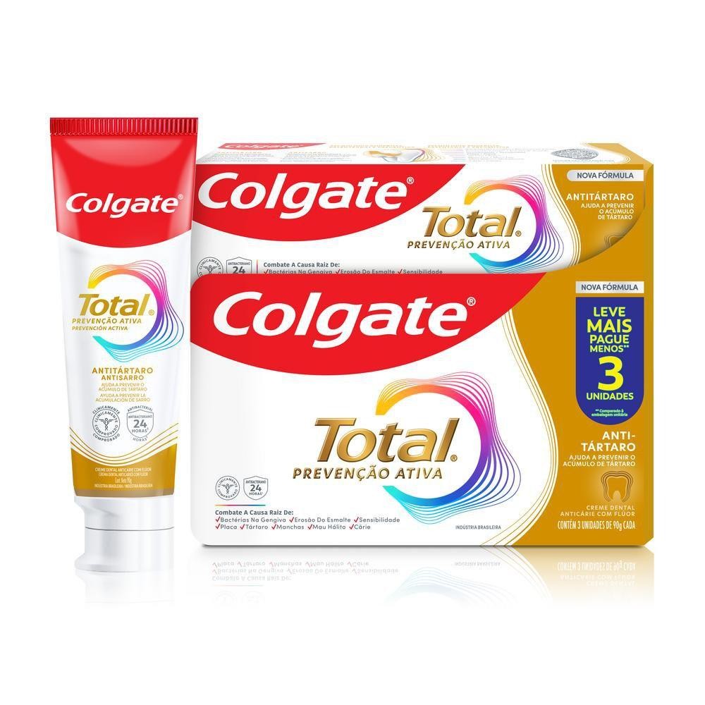 Creme Dental Colgate Total Anti-Tártaro 3un de 90g em Oferta na Shopee