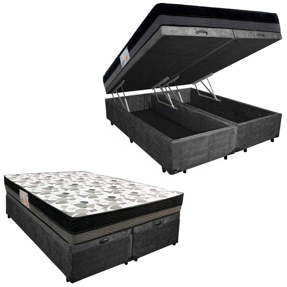 Cama Box Baú Casal Suede Bipartido + Colchão Ortobom Iso Dupla Face 138x188x60 Preto - Home & Living