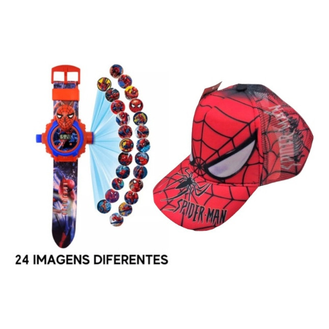 Kit Homem Aranha Relógio Projetor 24 Imagens + Boné Infantil
