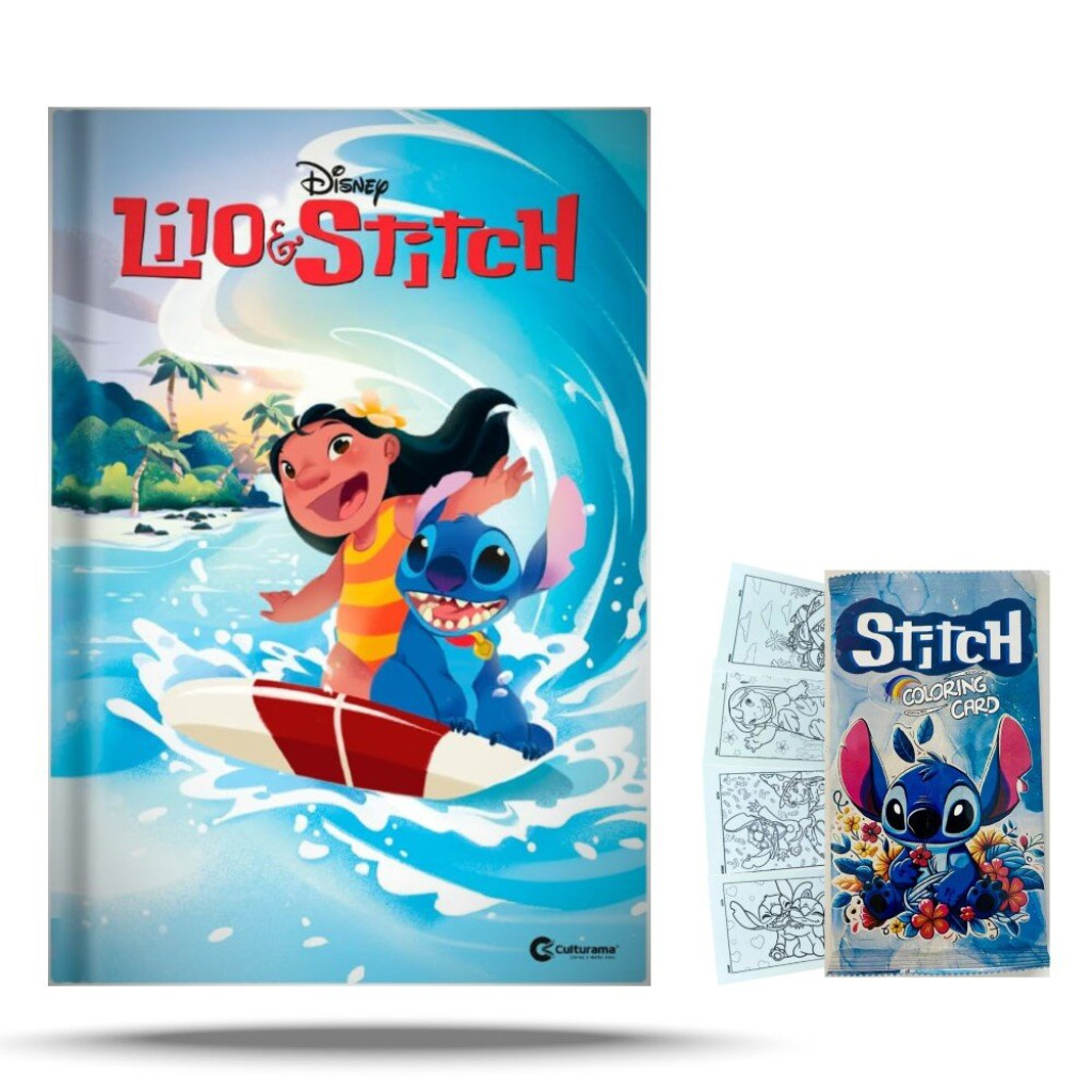 Kit Stitch: Livro de Histórias Lilo e Stich + 4 Cards para Colorir