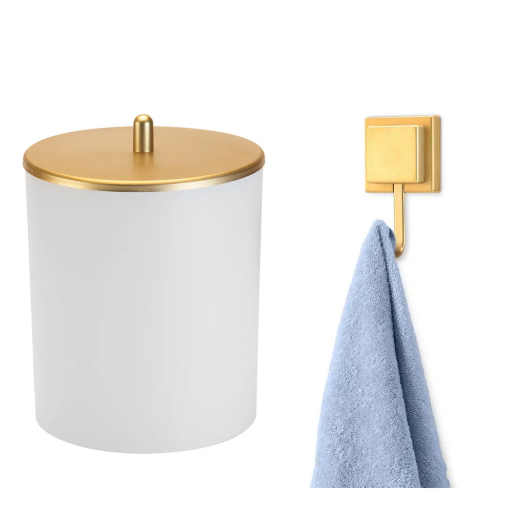Kit Lixeira Cozinha Escritório Gancho Suporte Toalha Dourado