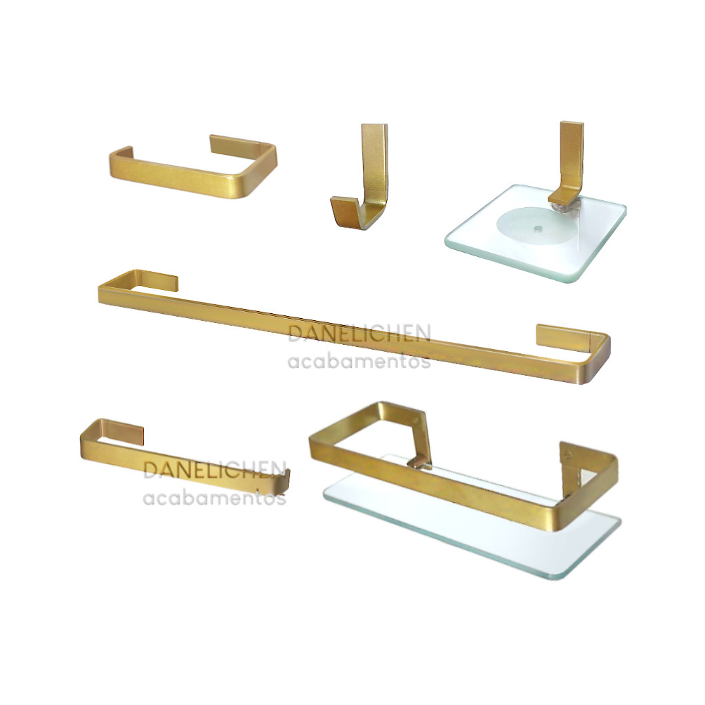 Kit Acessórios para Banheiro Dourado Quadrado 6 Peças Porta Shampoo Vidro 8MM Dourado Saboneteira