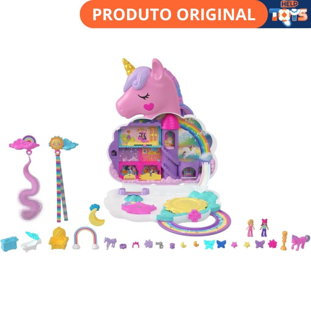Boneca Polly Pocket Estojo Salão Unicórnio Arco-Íris Mágico com Mini Bonecas e Surpresas