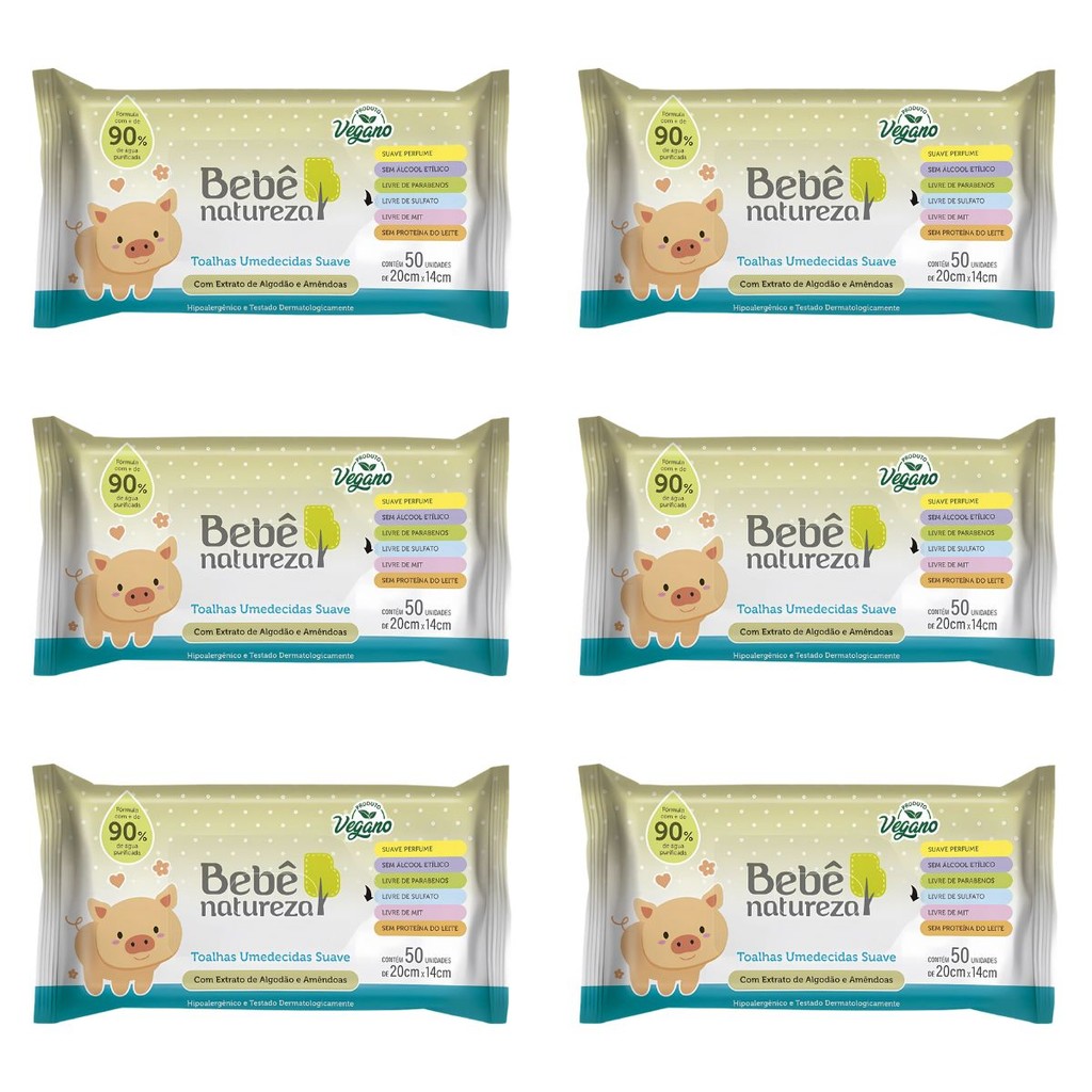 Kit 6 Pacotes Com 50 Toalhas Umedecidas Suave Bebê Natureza 300 Lenços Umedecidos