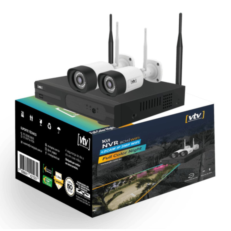 KIT NVR WI-FI 8 CANAIS + 2 CÂMERAS IP WI-FI COM HD 500GB VTV-035