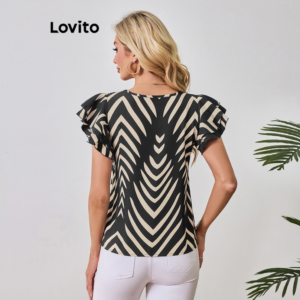 (Trendy) Lovito Blusa Casual Geométrica Colorblock Recortada Blusa De Verão/Primavera Para Mulheres LBL20120 - Women Clothes