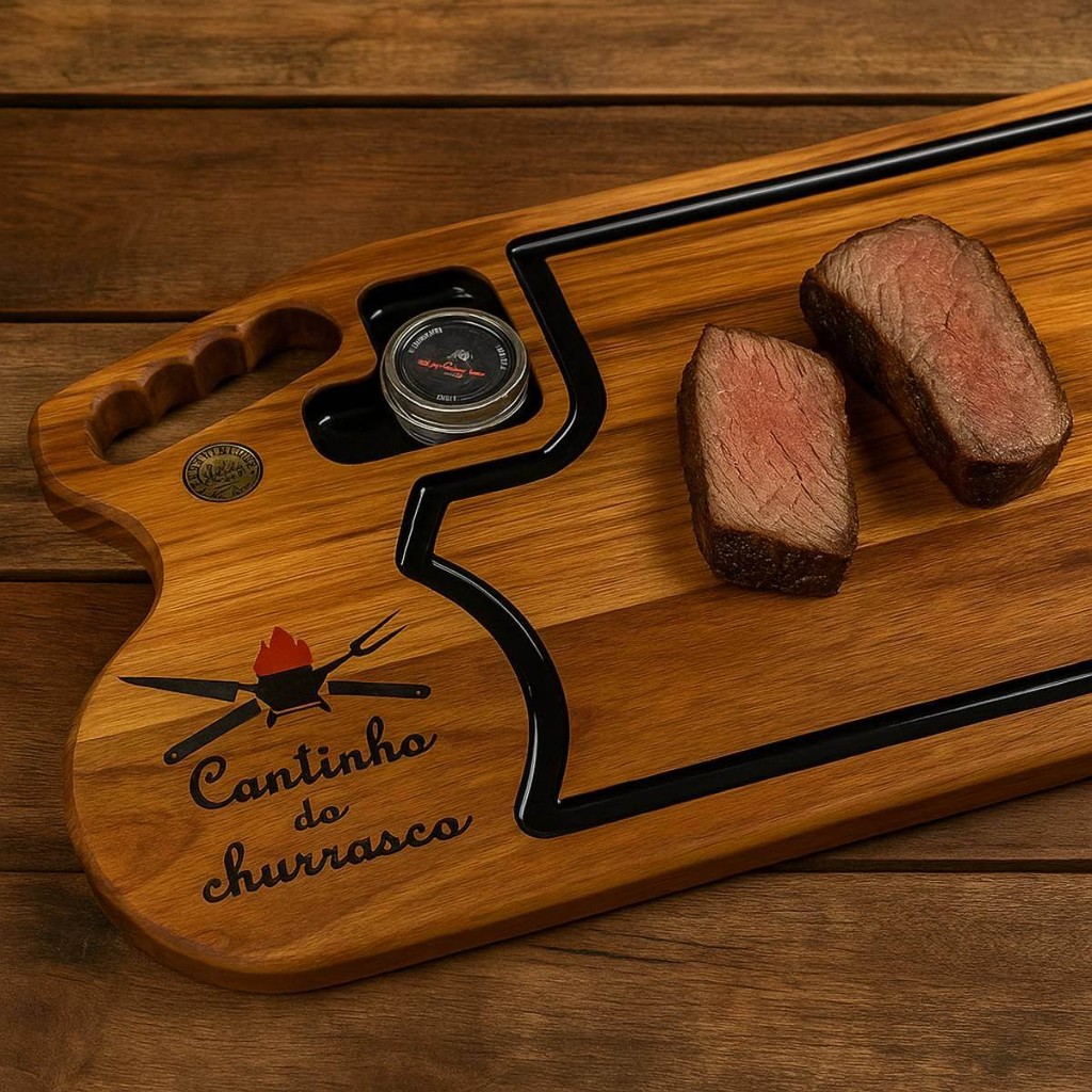Tábua Personalizada Madeira Teca 49x30cm Coletor de Líquidos, Cantinho do Churrasco, Cera de Abelha