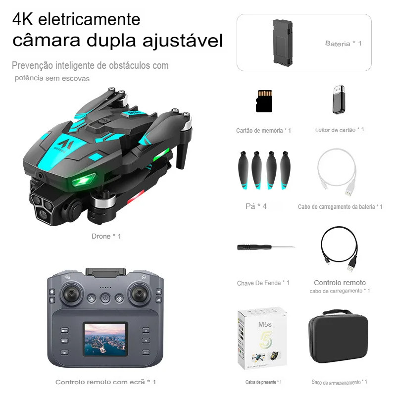 Drone M5S com Tela Câmera Dupla HD – Motor Brushless, Evita Obstáculos 3 Baterias